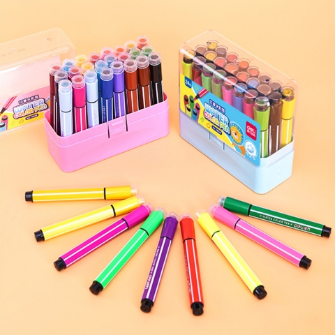 得力（deli）大容量印章可洗水彩笔 儿童涂鸦绘画彩笔 幼儿小孩粗杆画画套装 24色/盒 +Sticker Colouring Book 3本（随机发3本） 套装