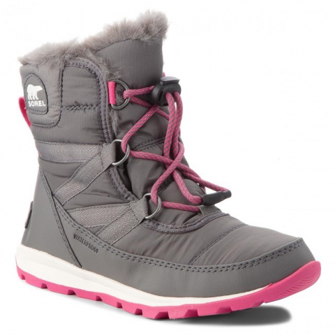 SOREL冰熊 儿童大童WHITNEY™II雪靴 抽绳保暖毛毛靴-黑色/桃红灰