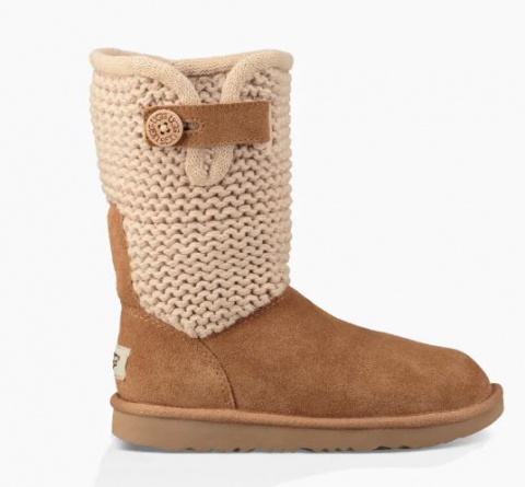 UGG 儿童DARRAH 纽扣款大童编织翻折设计 中筒雪地靴-棕色/灰色