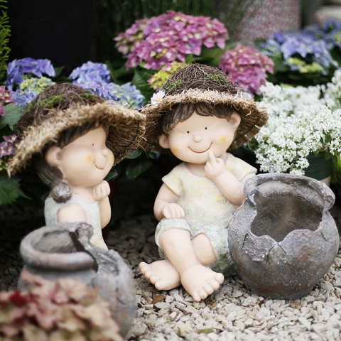 破罐草帽男女孩花盆（一对）