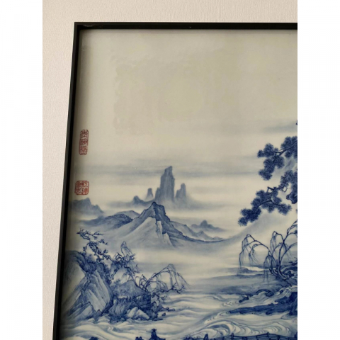 寻梅仿友图  纯手绘青花瓷板画  艺术家作品