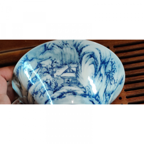 渔村小雪图 宋画山水纯手绘盏 柴窑