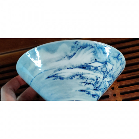 渔村小雪图 宋画山水纯手绘盏 柴窑