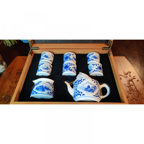 开堂山水 青花玲珑 纯手绘茶具