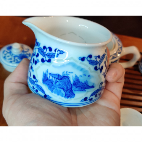 开堂山水 青花玲珑 纯手绘茶具