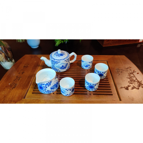开堂山水 青花玲珑 纯手绘茶具