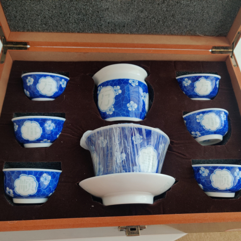 万事顺 青花玲珑 纯手绘茶具