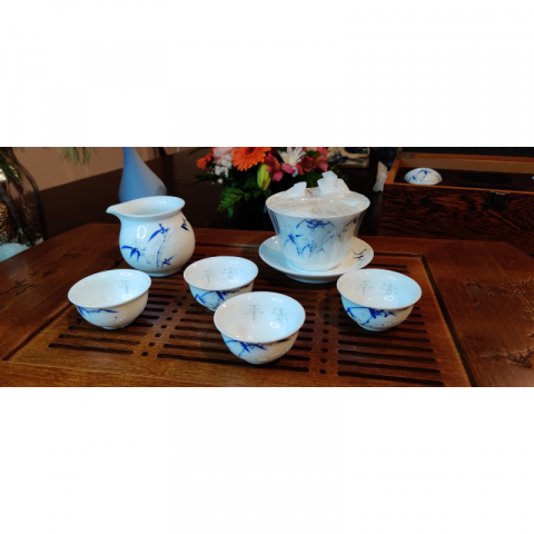 竹报平安 青花玲珑 纯手绘茶具