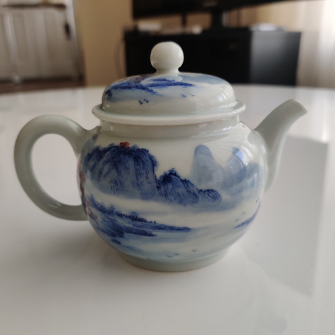 宋画山水青花釉里红纯手绘茶壶 柴窑