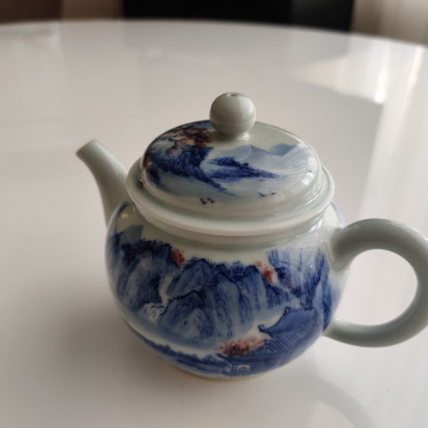 宋画山水青花釉里红纯手绘茶壶 柴窑