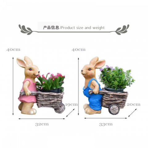 推车男女兔子花盆摆件