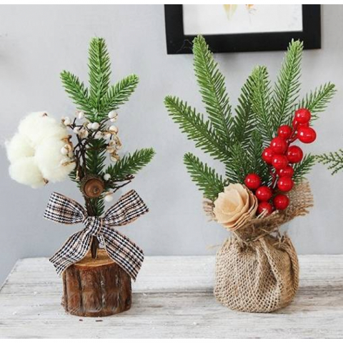 2棵迷你圣诞树(棉花+红果)装饰品摆件
